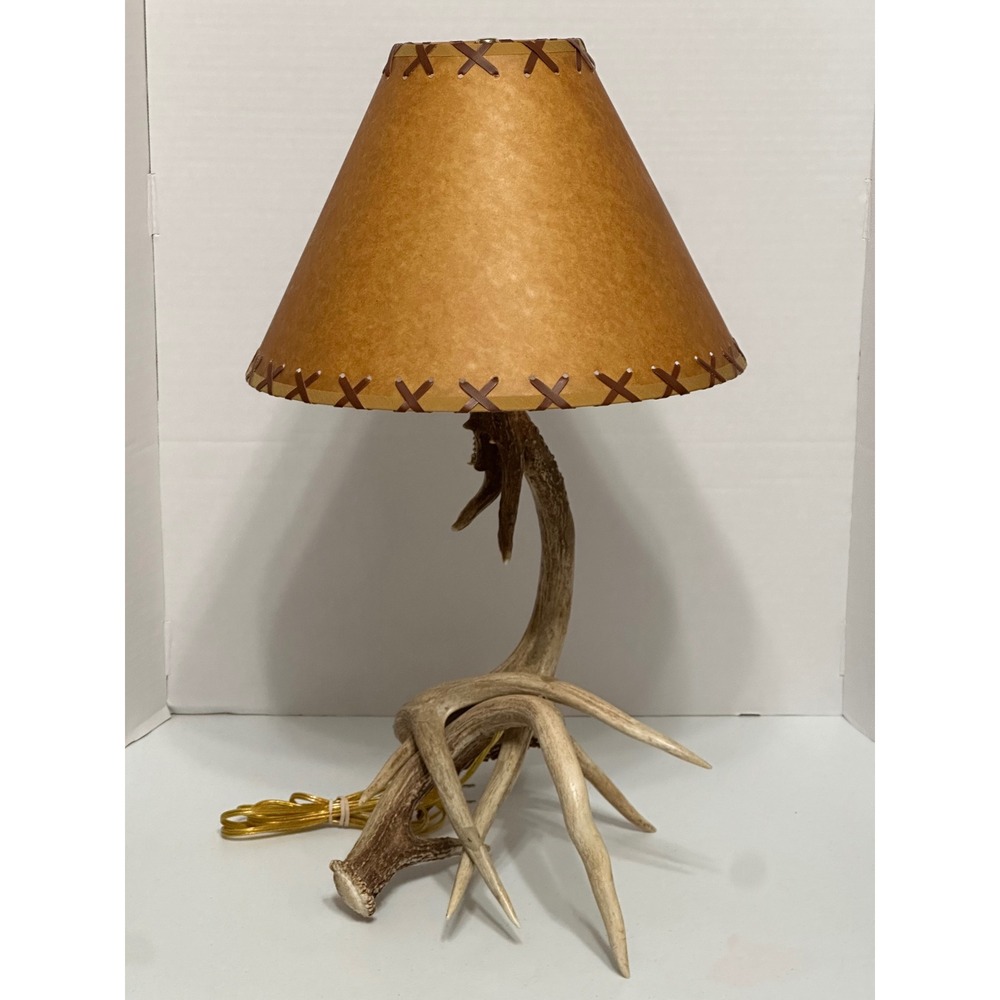 Rustic Real 3 Antler Shed Table Lamp Parchment Shade Whipstitch Lodge Decor VTG